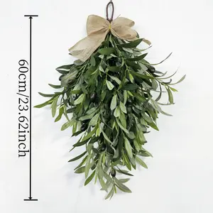 1pc Farmhouse Style Artificial Olive Leaf Wreath, 23.62" Teardrop Seasonal Welcome Garland with Burlap Bow, Versatile , with No Electricity or Feathers, for Front Door/Indoor/Outdoor/Window, Christmas, Halloween, Thanksgiv Decorative Fruit Hanging Plants