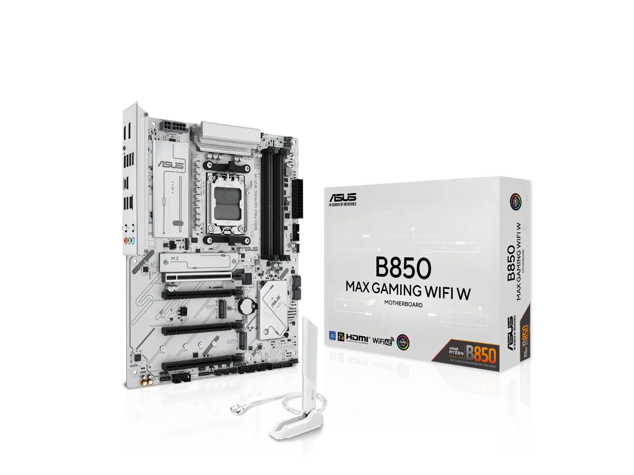 ASUS B850 MAX GAMING WIFI W - AMD AM5 ATX Motherboard, White PCB, DDR5, PCIe 5.0 Ready, 3x M.2, Wi-Fi 6E, 2.5Gb LAN, USB 10Gbps Type-C, DisplayPort, HDMI, BIOS FlashBack, Aura Sync, ASUS AI Advisor