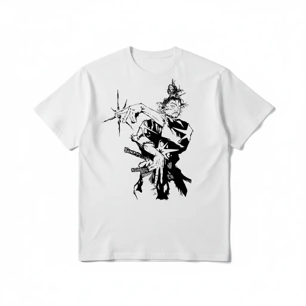 Menswear Vagabond "Miyamoto Musashi" Anime Vintage Oversized Shortleeve Round Neck T-Shirt, 180GSM Cotton, DTG Print, Original Design, Crewneck-Free, Regular Shoulder, Unisex Casual Streetwear, Shortsleeve