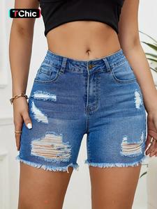 women's ripped raw hem high waist denim shorts, casual pocket button fly skinny jean shorts for summer, fashion bottoms for daily wear, womenswear, casual fashionable shorts