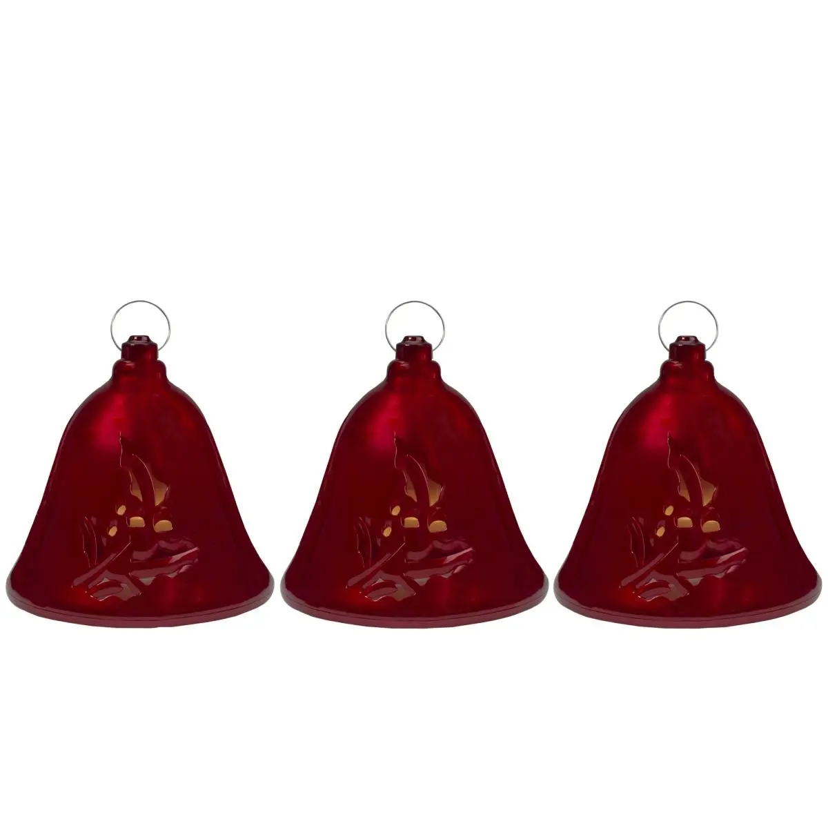 6.5 in. Plastic Red Lighted Round Bell Shape Christmas Ornaments Set of 3 - Switch-Included, Hangable with Hook, Berry & Holly Accents, Motion-Activ., Dry Battery Power, Musical, Dining Table/Outdoor Decoration, Bells and Chimes Christmas Decor