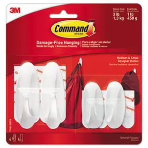 Command  3 lbs Cap General Purpose Designer Hooks, White - Small & Medium - 4 Hooks & 4 Strips Per Pack