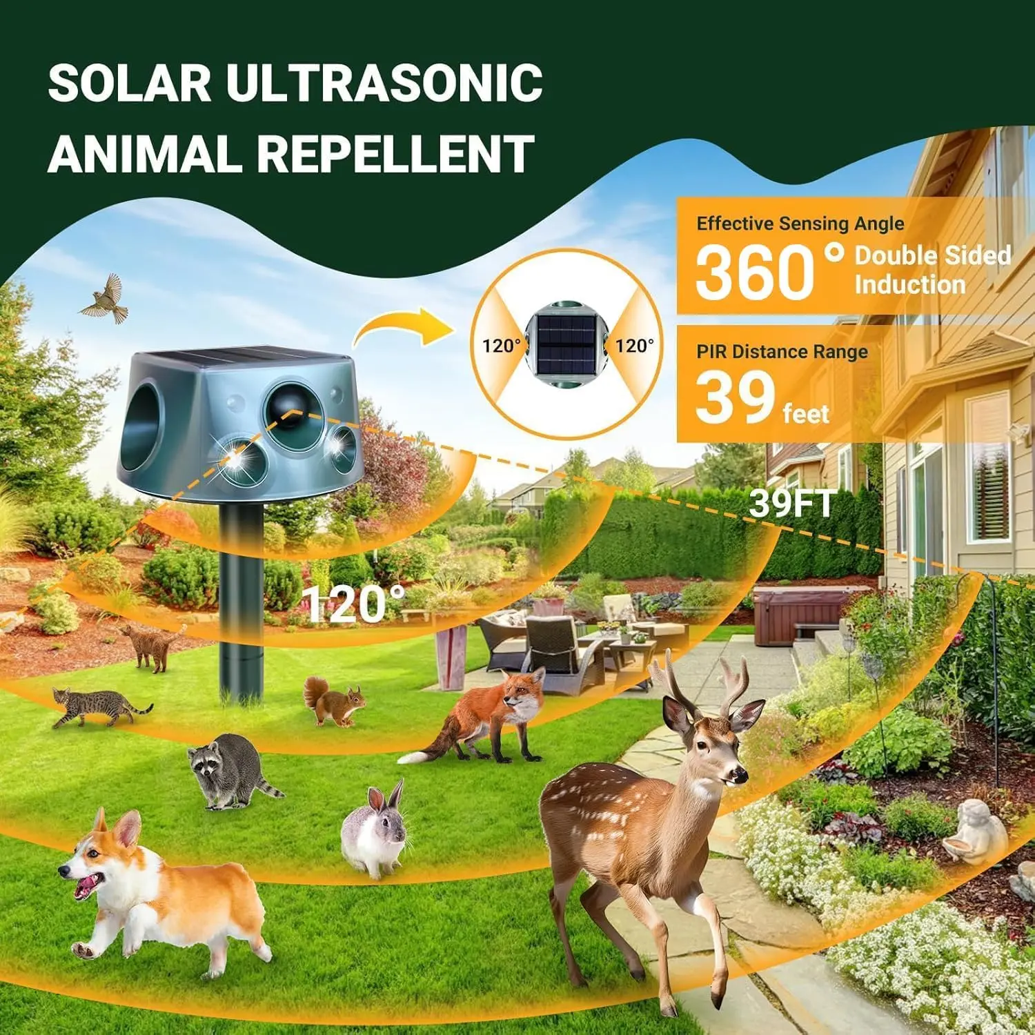 Solar Animal Repeller, 360° Ultrasonic Animal Repeller, Outdoor Cat Repeller, Dog Repeller, with Motion Sensor and Flashing Light — Protection Against Dogs, Deer, Foxes, Raccoons, Skunks, Rabbits, Squirrels, and Coyotes