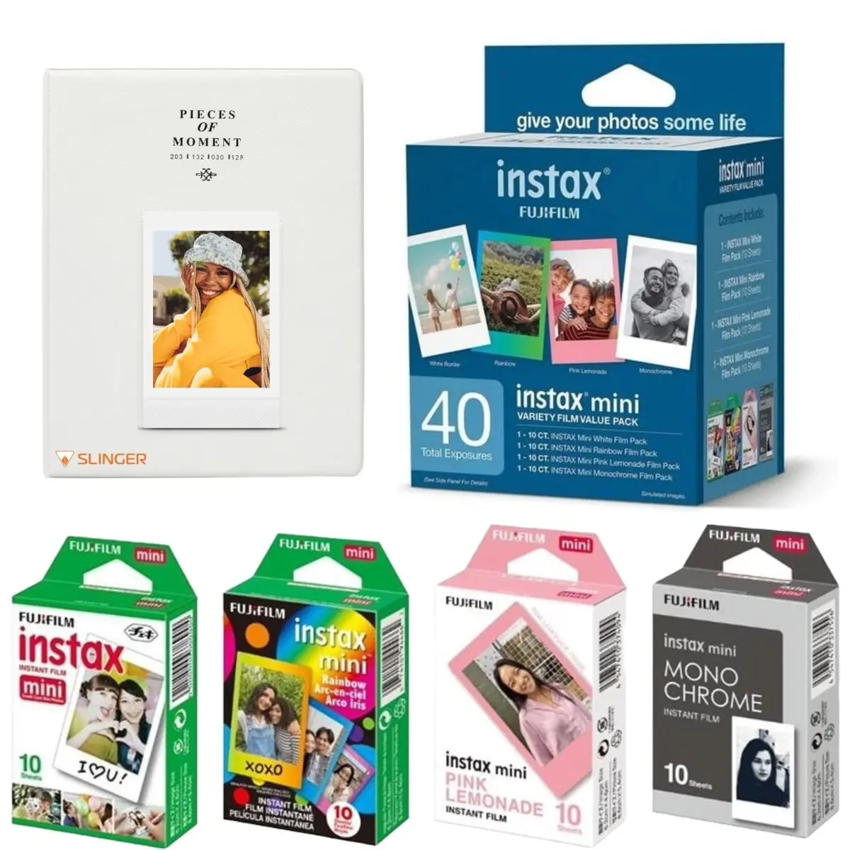 Fujifilm Instax Mini Instant Camera Film Variety Value Pack - 40 Exposures, Smoky White, With Personalized Colorful Rainbow Slinger Photo Album Accessories
