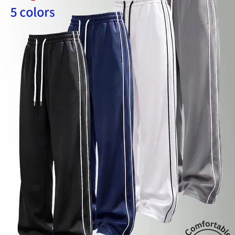 3 Pack Men's Drawstring Waist Loose Fit Striped design Straight Leg Collegiate Sports Pants,Plain Basics Versatile Casual Style Joggers,Solid color Athletic Trousers,Suitable For Daily Wear,Going Out,Commuting,Four All Seasons,For Spring/Fall Menswear