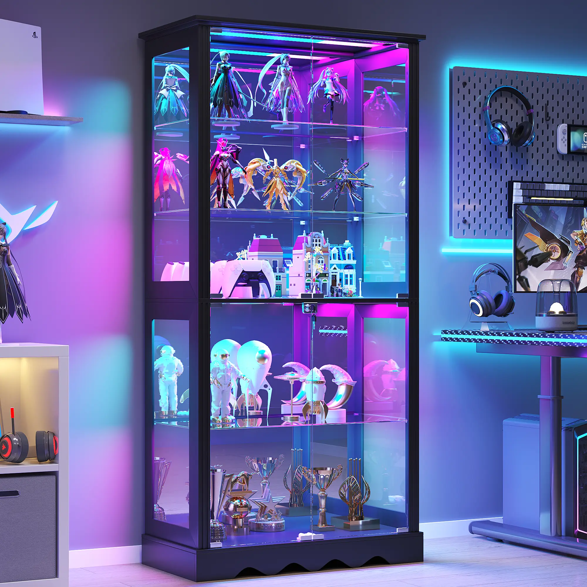 Dystler Tempered Glass Display Cabinet with RGB Light, 5-Tier Lockable Storage Curio Cabinet for Collectibles, Removable Shelves, Human Sensor Design, White Modern Sideboard, Lockable Storage Cabinet, Tempered Glass Cabinet