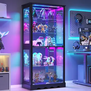 Dystler Glass Display Cabinet with RGB Light, 5-Tier Curio Cabinet for Collectibles, Display Case with Removable Shelves, Human Sensor Design, White