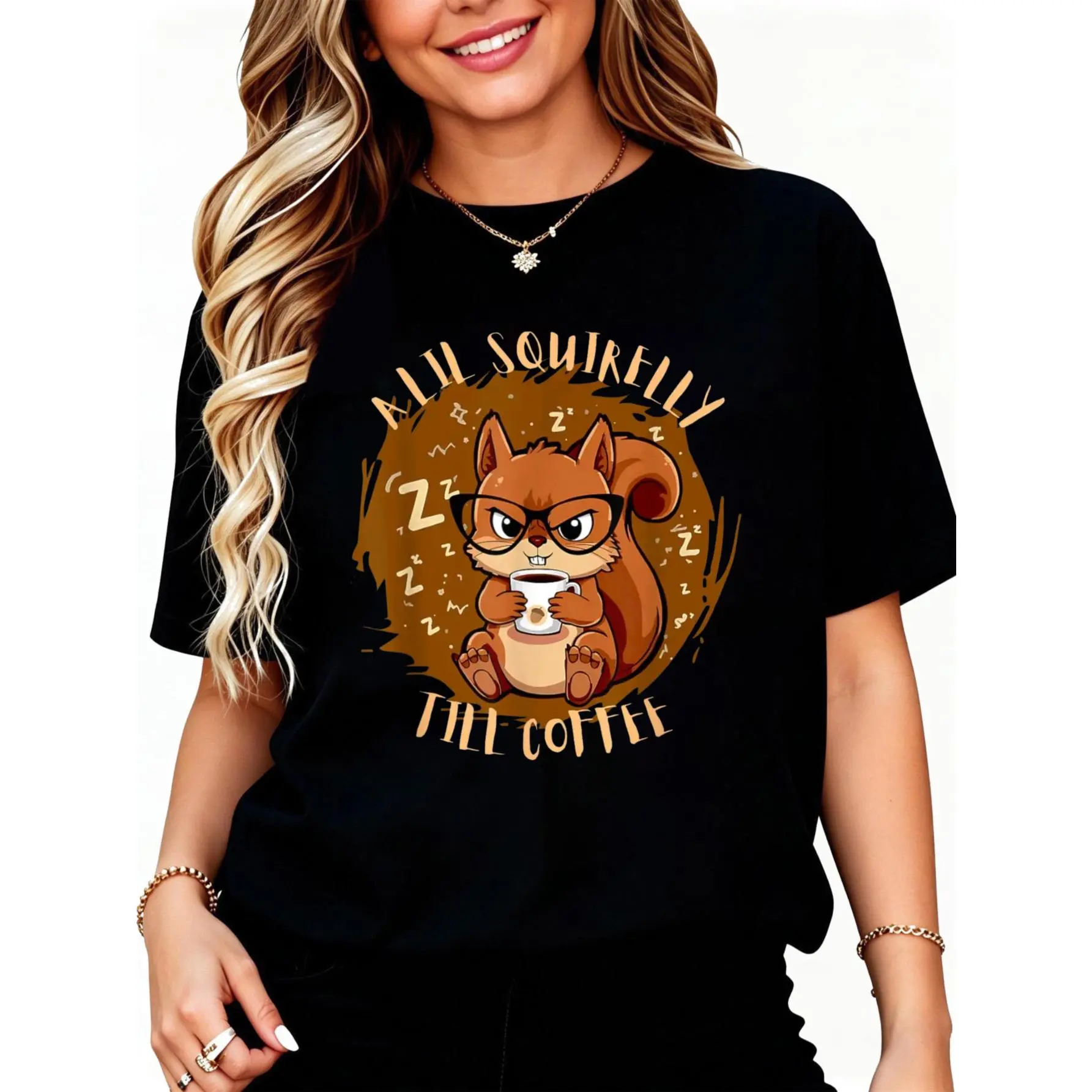 100% Cotton Lil Squirrelly Till Coffee Funny Cute Squirrel Morning Humor T-Shirt