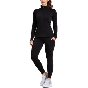 Maeve Set - Premium nylon spandex activewear define jacket with skinny yoga legging set. Define jacket with high neck and full front zipper. Side with zipper pockets. Back with double layer trim.  Thumbhole detail. Basic skinny yoga legging with side cell