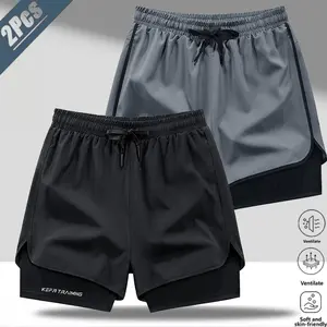 2-pack men’s double-layer anti-exposure quick-dry athletic shorts, outdoor running style, breathable quick-drying skin-friendly fabric that stays cool and wicks sweat without feeling sticky, elastic drawstring waistband fits various waist sizes, double-la