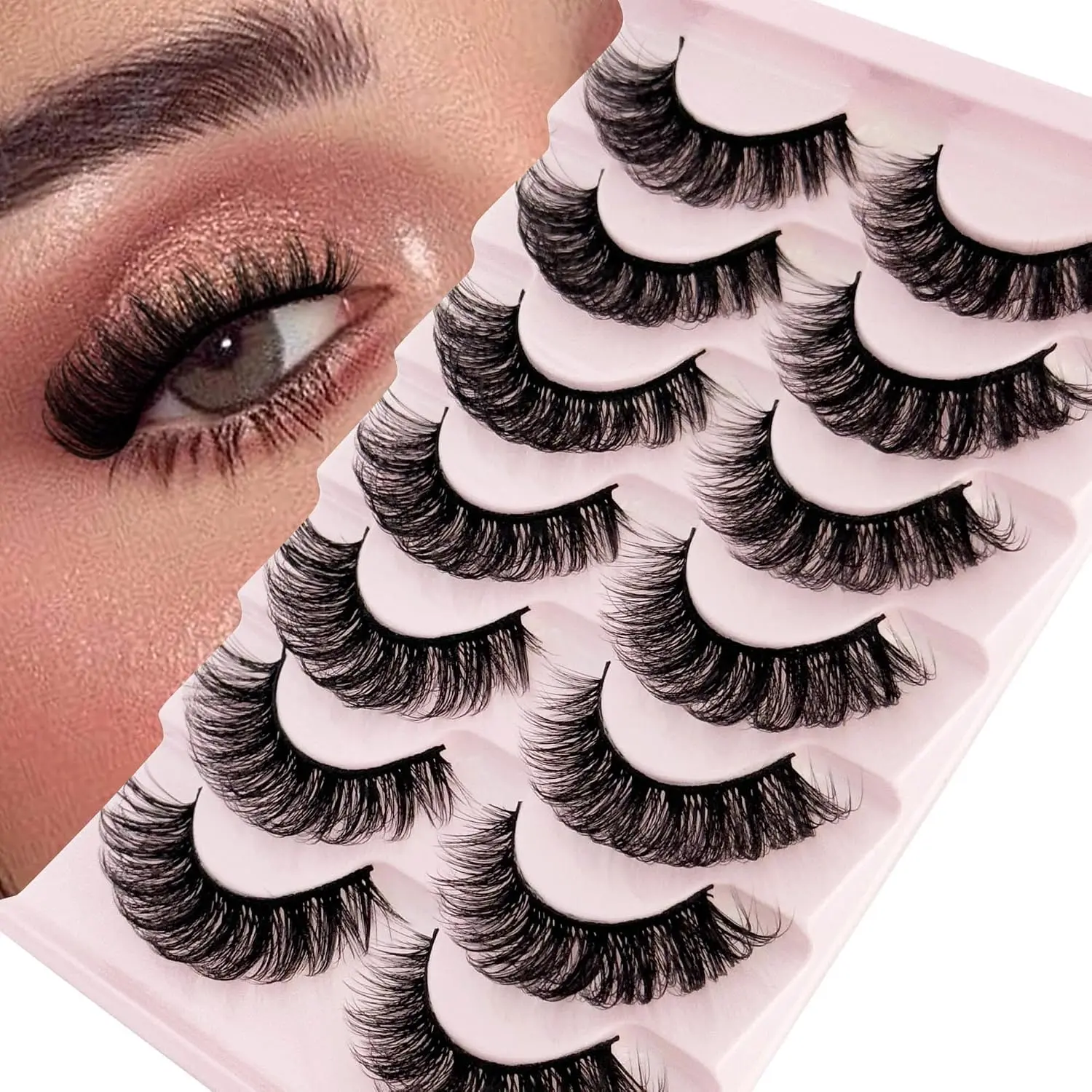 7 Pairs D Curl Faux Mink False Eyelashes, Wispy Cat Eye Strip Lashes, Thick Volume Double Stacked Natural Extension Look, Mixed Length 8–14Mm