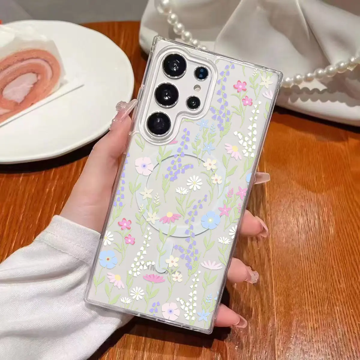 Wild Floral Pattern Clear Wireless Charging Military-Grade Protection Shockproof Slim Magnetic Phone Case for Samsung Galaxy S59 S25 S24 Ultra S23 S22 S21 S20 Plus Edge FE A14 A15 A16 A35 A36 A54 A56 Note20ultra A57 A55 A37 A26 A25 A17 A06 A05S Flowers