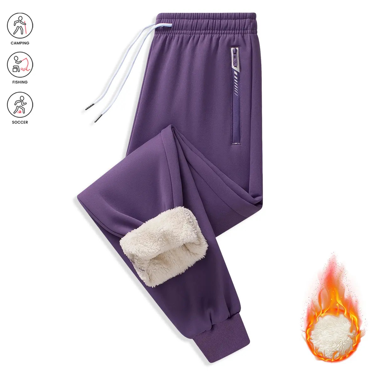 Women’s Athletic Basic Casual Pants - Fleece-Lined Warm Sports Bottoms, Elastic Waistband with Drawstring, Zippered Pockets, Windproof Insulated, Suitable for Home Use & Outdoor Walking in Autumn/Winter