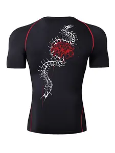 Red Spider Lily Print Short Sleeve Compression Shirt for Men, Gym Workout Running Tight-Fitting Sporty Tees, Summer Quick-Dry Breathable Round Neck T-Shirt Tops, Activewear Sportswear, Athletic Tops