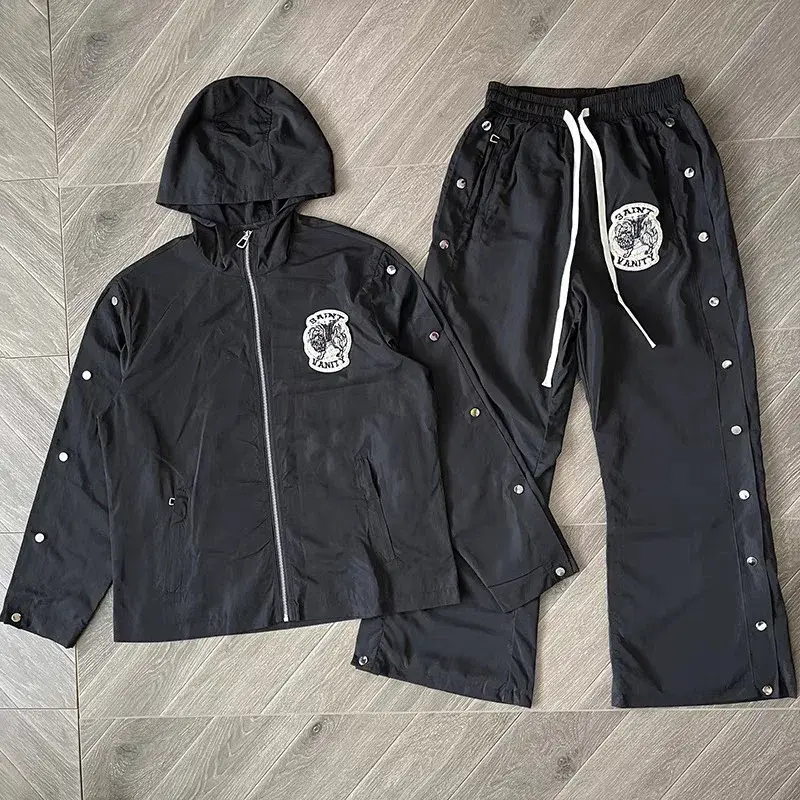 Jeans Saint Snap Button Casual Sporty Windbreaker Track Suit Set with Pants Streetwear Fashion long leeve jacket ballet  core  outfit seamless  spandex  shorts high-waisted breathable sport elastic workout gym anime graphic