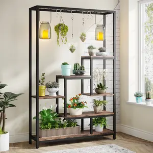 LITTLE TREE 5-Tier Tall Indoor Plant Stand, 70.9 inches Large Metal Plant Shelf with 6PC S Hanging Hooks, Multi-Purpose Flower Bonsai Pots Display Rack for Indoor, Garden, Balcony, Living Room