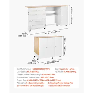 VEVOR Folding Sewing Table, Multipurpose Sewing Machine Table with Cabinet, Charging Station, Compact Design, Wheels, Wooden Pegs, Storage Trays and Shelf, Craft Station and Side Desk for Home