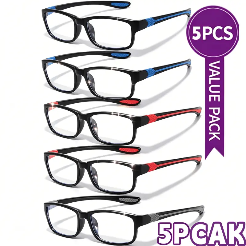 Men's & Women's 5-Pack Full Rim Rectangle Blue Light Blocking Reading Glasses, Lightweight Comfortable Multi-Pack Sports Frames (Mixed Blue-Red-Gray), Ideal for Outdoor & Daily Use