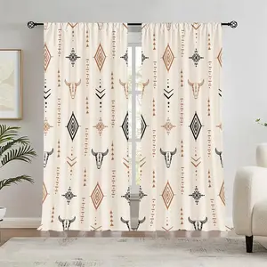 Boho Style Cow Head Pattern Curtain, Simple Geometric Pattern Curtain, Lightweight Semi-Shade Curtain for Home Living Room Bedroom Balcony Kitchen, Room Decor Curtain, Window Curtain