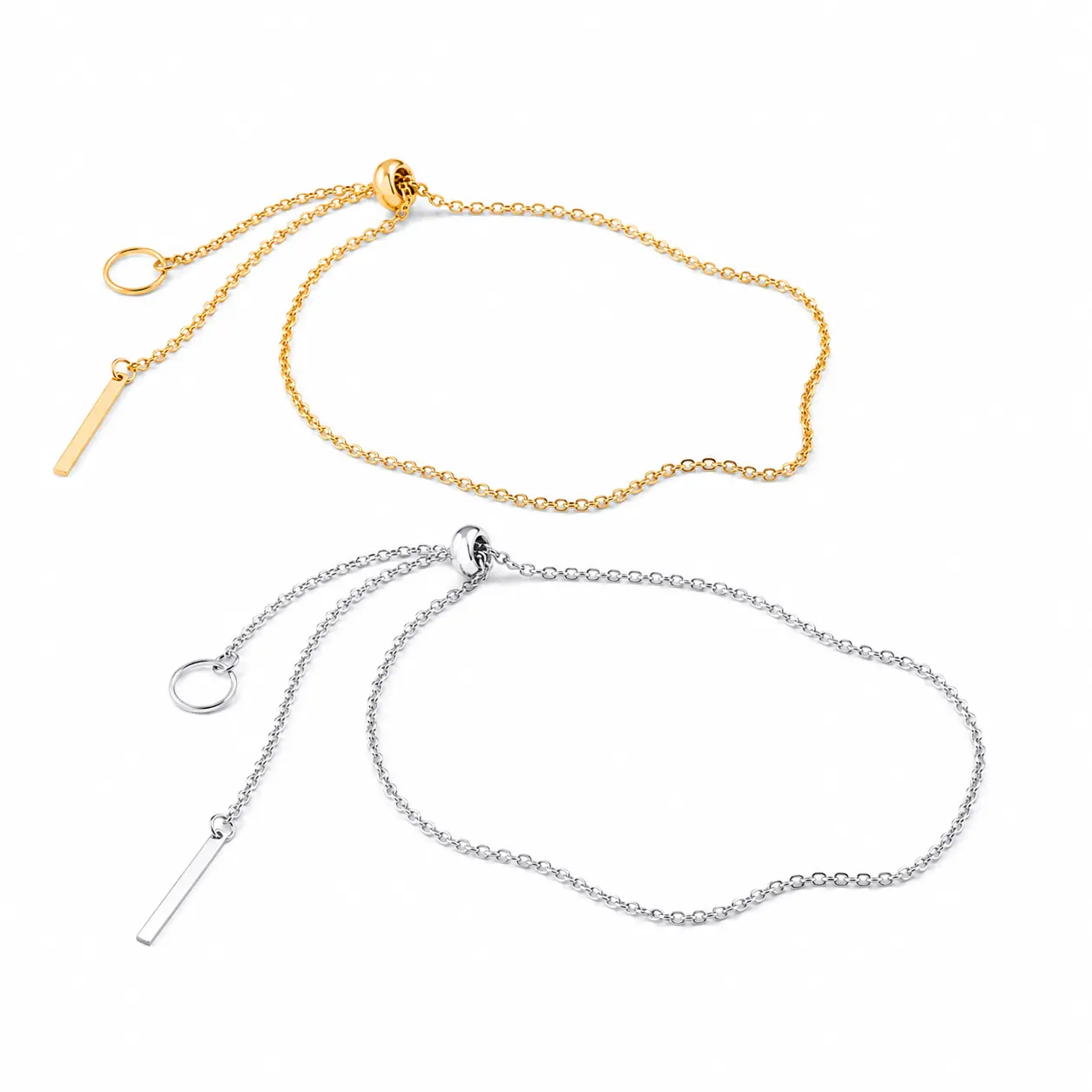 2-Piece Adjustable Chain Bracelet Set for Women, Gold-Tone and Silver-Tone Minimalist Circle & Bar Charm Bracelets, Stackable Fashion Jewelry Gift