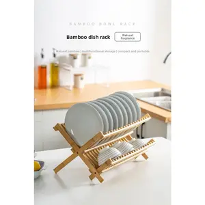 Bamboo Dish Drying Rack 2-Tier - Collapsible Space Saving Drying Rack for Kitchen Counter, Large Capacity Plate Rack with Utensil Holder for Bowls, Cups, Rustproof