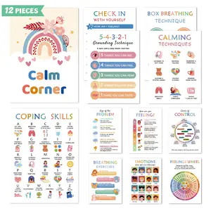 12 Calming Corner Posters (13x10) - Feelings Wheel Chart & Emotions Poster, Calming Corner Supplies For Therapy, Mental Health Boho Educational Posters for Toddlers