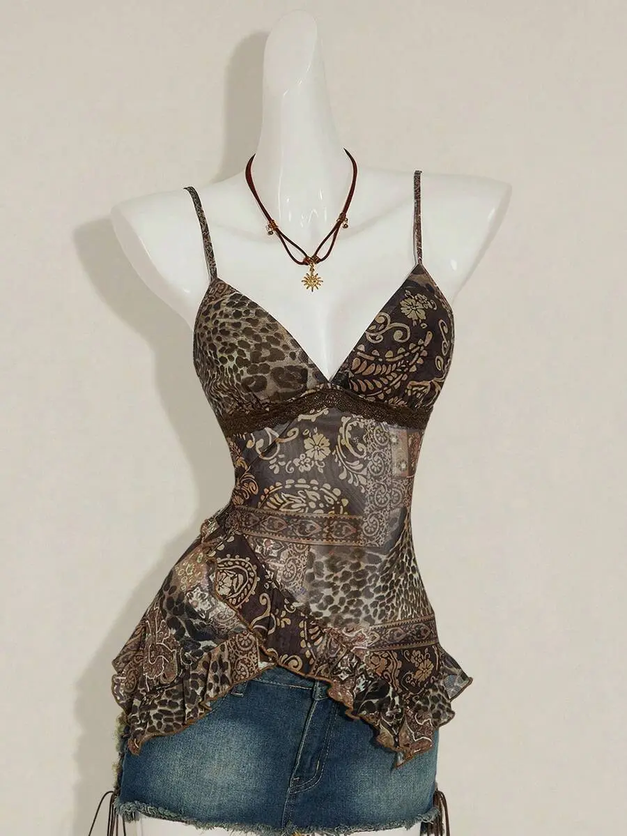 Vintage Leopard Paisley Mesh Cami Top for Women Y2K Asymmetrical Ruffle Hem Spaghetti Strap Going Out Tank