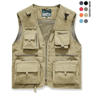 Summer Men's Multi-Pocket Work Vest Fishing Photography Sleeveless Jacket Breathable Solid Color Outdoor Waistcoat with Mesh Lining, Versatile and Practical for Hiking & Travel