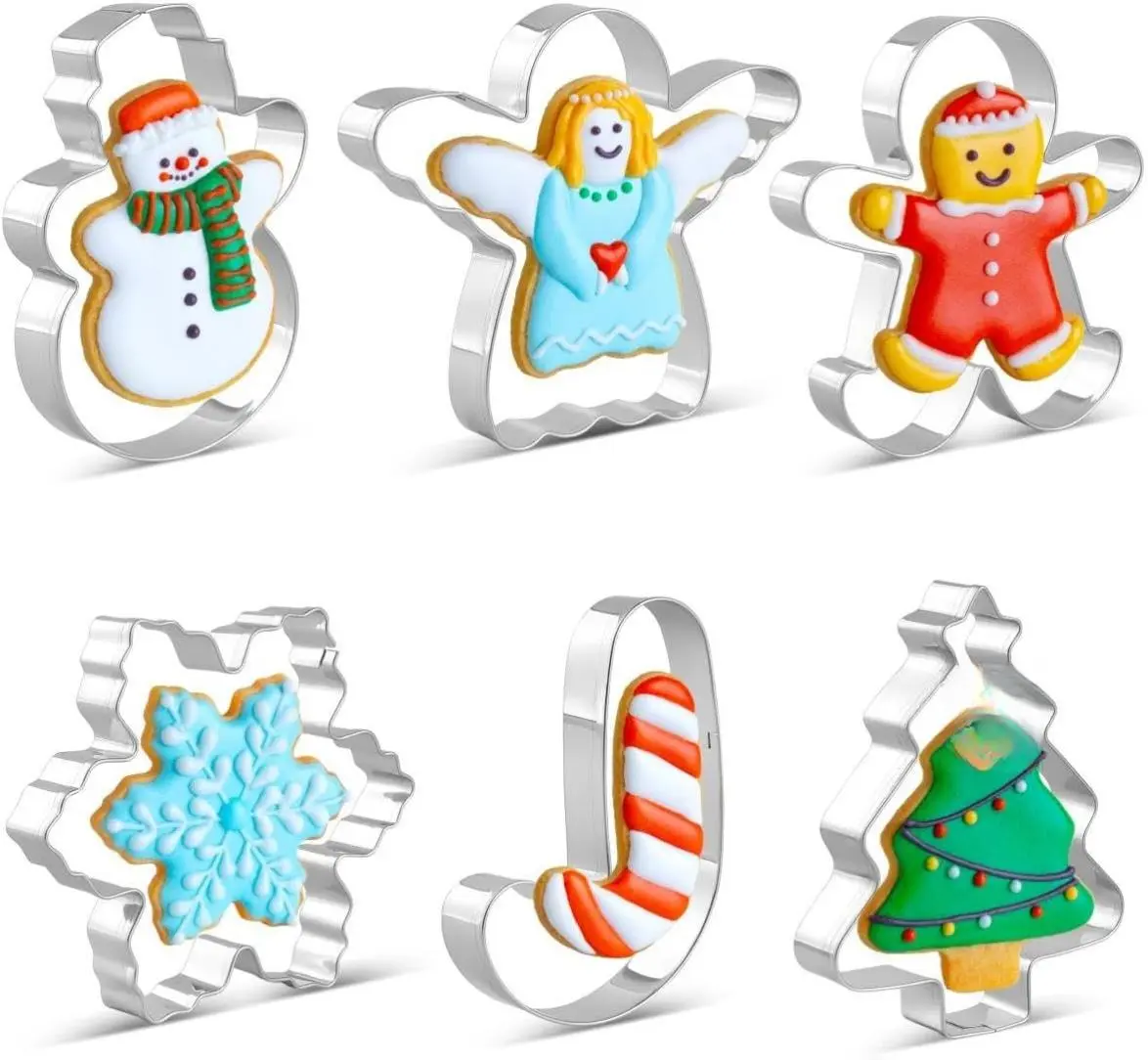 6-Piece Stainless Steel Christmas Cookie Cutter Set - Gingerbread, Snowflake, Tree, Angel, Snowman, Candy Cane Shapes, Ideal for Holiday DIY Decorations, Gingerbread Mold & Candy Mold Cookie Cutters, Gingerbread Mold Cookie Cutters