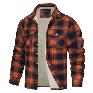 Men’s flannel shirt jacket with thick fleece lining, plaid sherpa jacket, cotton winter jackets with four pockets