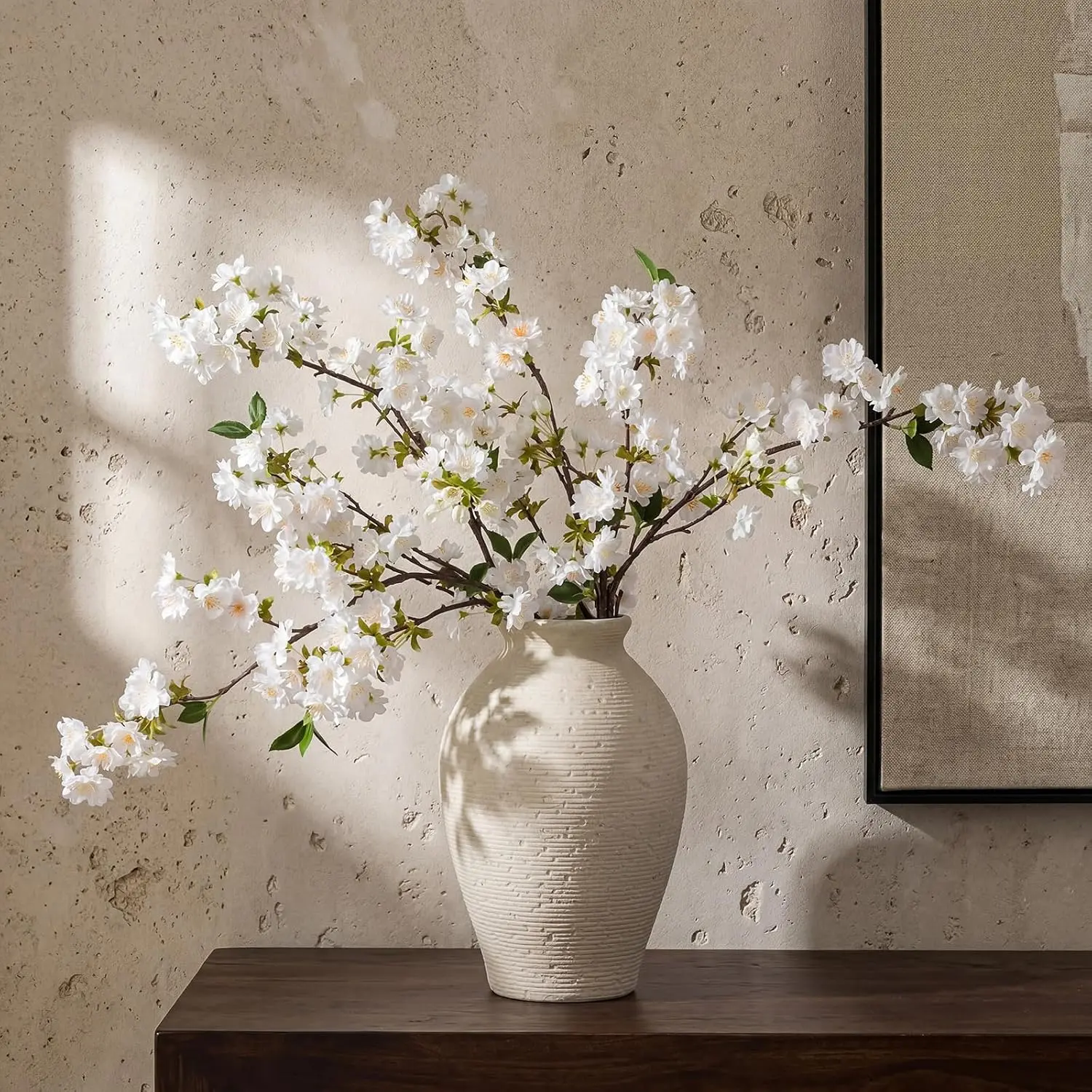 3Pcs 37in Neutral Bendable Minimalist Silk Artificial Cherry Blossom Branches - Decorative Faux Flowers with Botanical Aesthetic for Tall Vase, Study, Kitchen, DIY Floral Arrangements (Black Friday), Modern