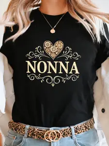 NONNA with Floral Patterns Print T-shirt, Short Sleeve Crew Neck Casual Top for Summer & Spring, Women's Clothing