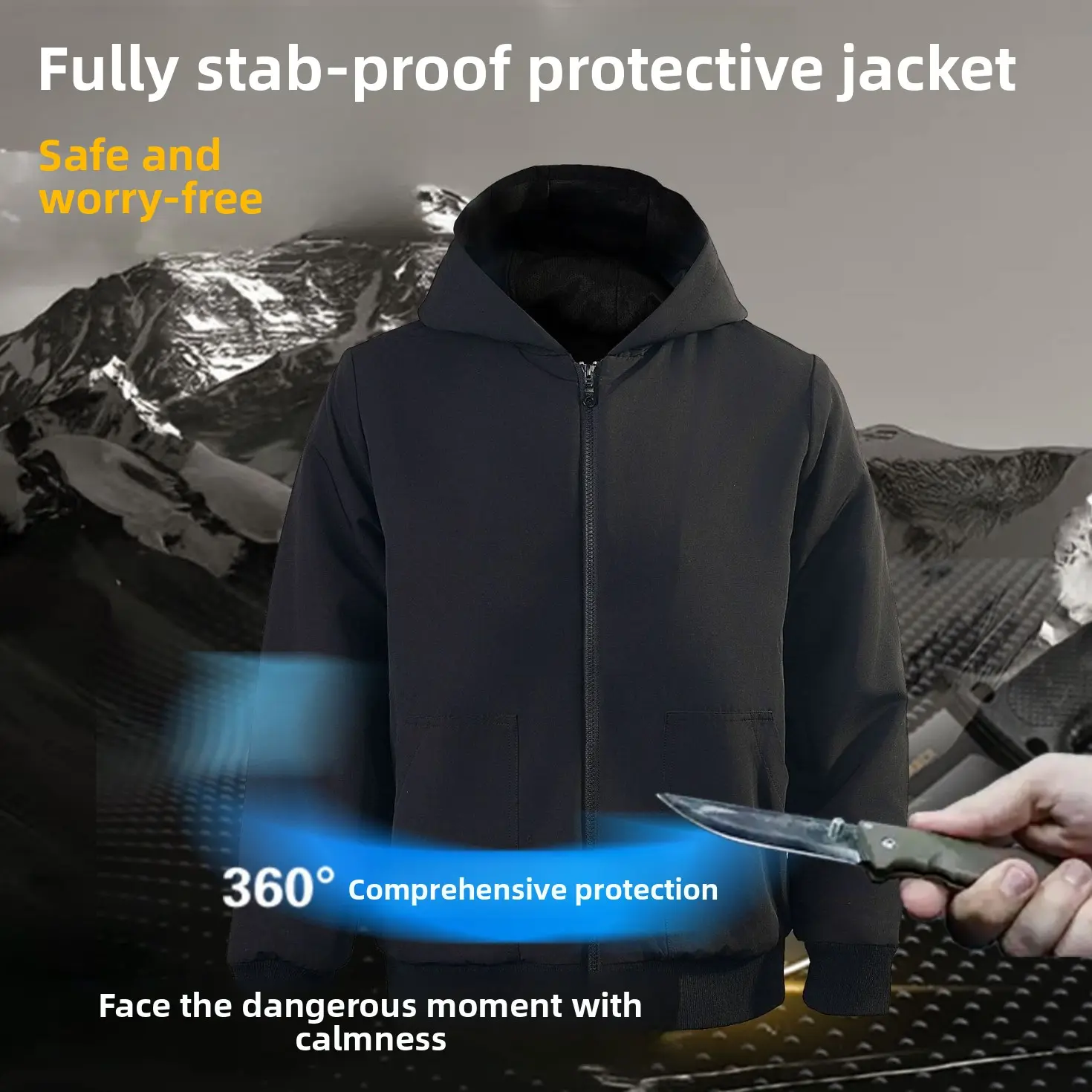 Male Longsleeve Hooded Neck Stab-Proof Safety Windbreaker, HPPE-Nylon Zippered Jacket for Sports & Outdoor Activities, Longsleeves, Male Jacket, Outdoor Sport, Safety Wear