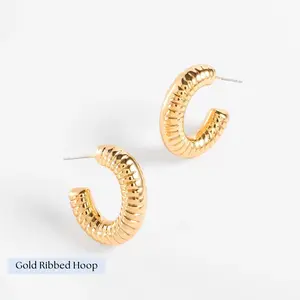 Nice & Bella 18K Gold-Plated Ribbed Texture Huggie Hoop Earrings with Rhodium Crystals, Everyday Costume Jewelry, SKUs 925674, 925107L