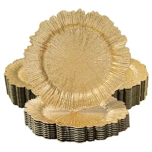MAONAME 13" Gold Charger Plates Set of 12/24/36/48/96, Reef Plate Charger Bulk, Round for Dinner Plates, Plastic Table Charger for Wedding Decor