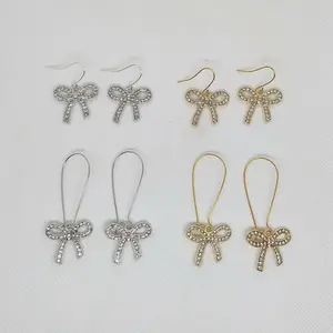 #524 Silver or Gold Colored Bow with Rhinestones Earrings, Casual, Elegant, Everyday, Alloy
