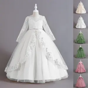 3-9Y Champagne Kids Clothes Embroidered 2301 Princess Long Sleeve Ball Gown Frock Children Formal Evening Party Banquet Pageant Prom Host Cocktail Dress White Flower Girls