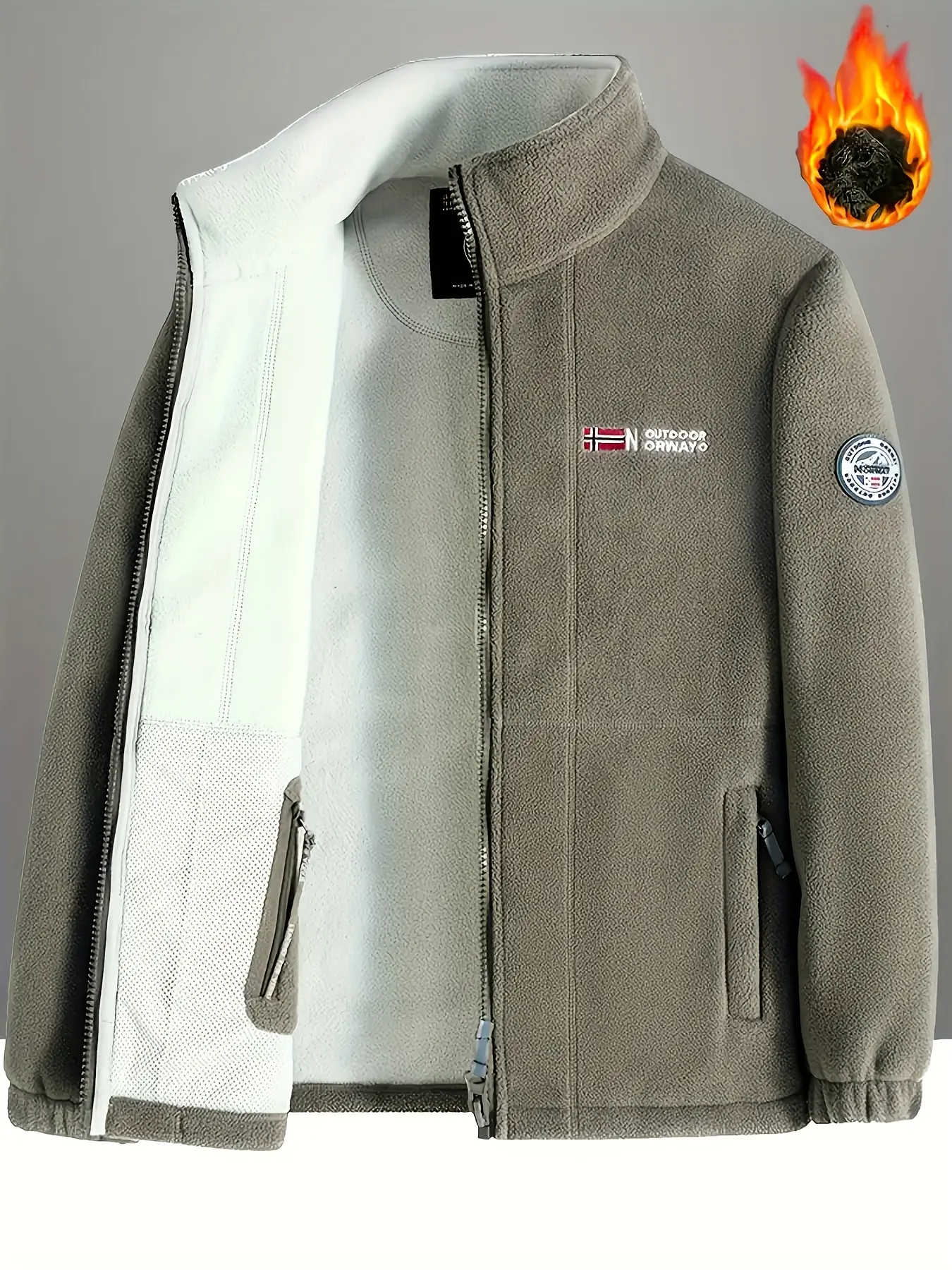 Men's Casual Outdoor Jacket in Thick Plush Woven Fabric, a Plain Windproof Long Sleeve Zip Up Fleece with Stand Collar and Pockets for Autumn, None, Khaki