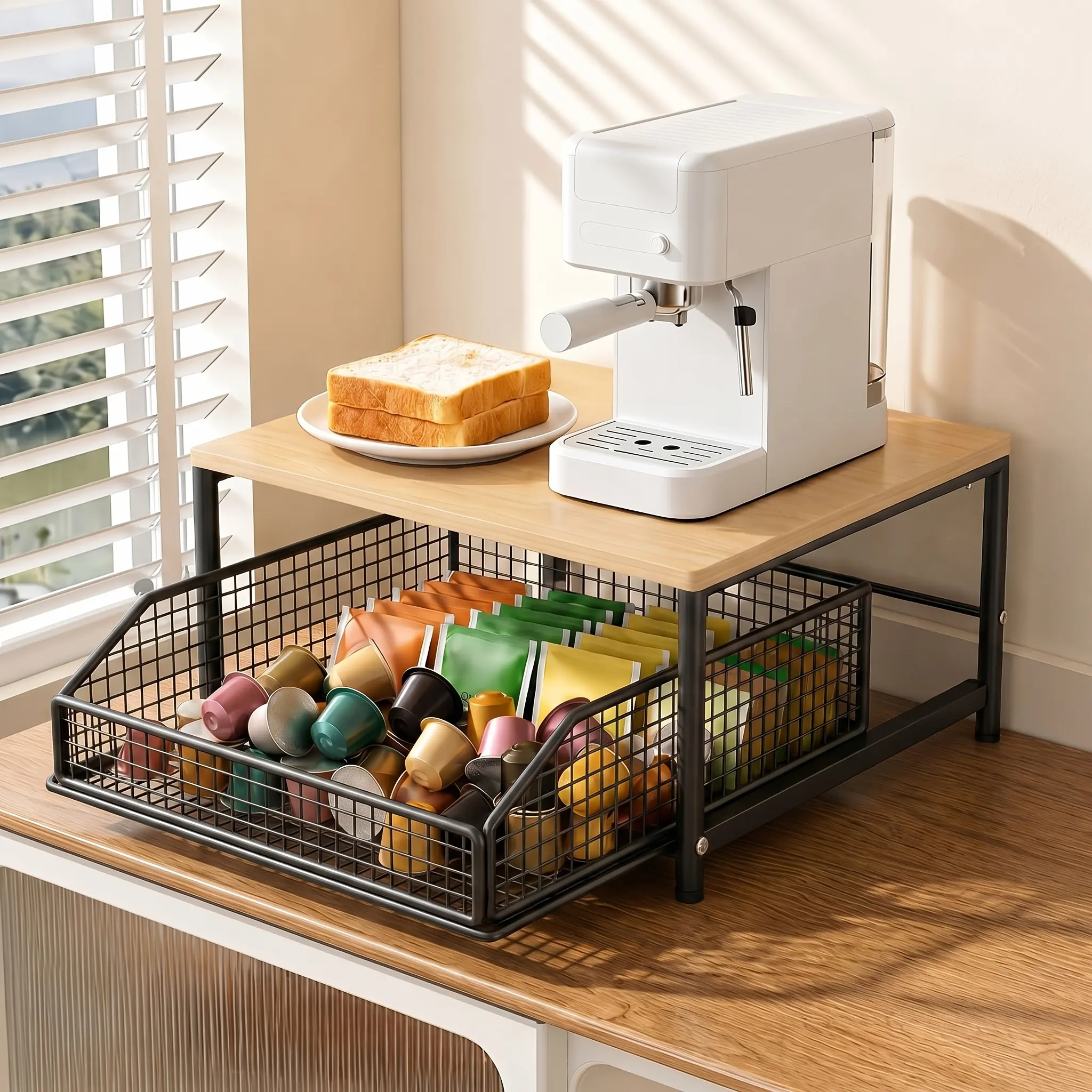 Space-Saving Kitchen Countertop Organizer with Drawer & Wire Basket, Fully Detachable Hardwood And Metal Storage Shelf for Coffee Maker, Spices, Utensils, Microwave Stand, Utility Rack, Utility Racks