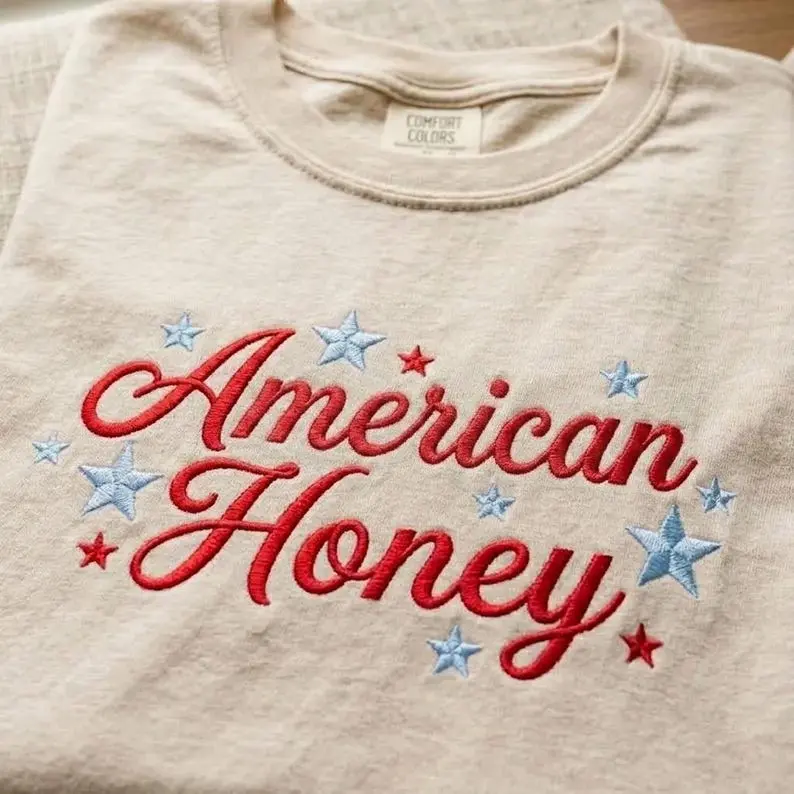 Embroidered Comfort Colors American Honey TShirt, July 4th Womens Tee, American Patriotic Tee, Patriotic Gift