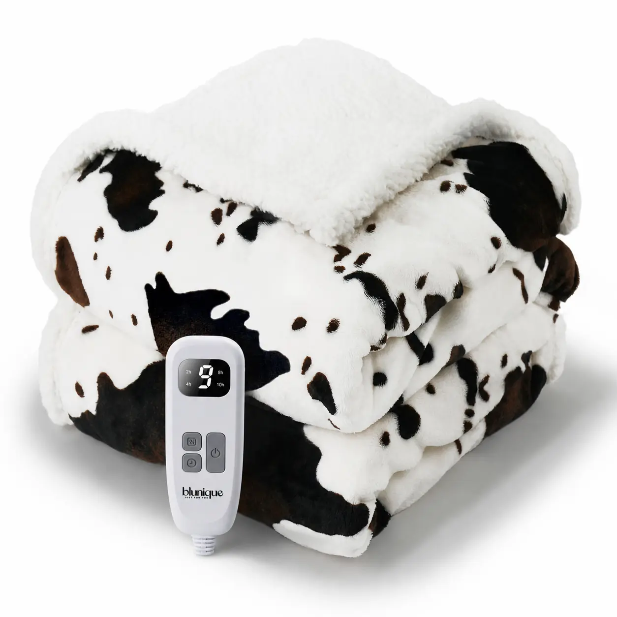 BLUNIQUE Cow Print Electric Heated Throw Blanket, 50 x 60 Inches, 10 Heat Settings, 4-Hour Auto Shut-Off, Quick Heating, Machine Washable Flannel and Sherpa Blanket for Couch, Bed, Bedroom and Office