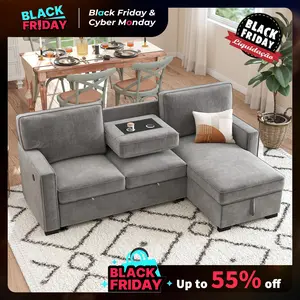 【TikTokShopBlackFriday】EBELLO 3 in 1 Convertible Sofa Bed, Modern Faux Leather L Shaped Sofas for Living Room, Pull Out Modular Couch Bed with Storage Space, USB Ports and Cup Holders Upholstered Sectional