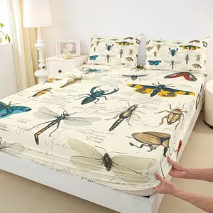 Insects Bedding Set,Colorful Butterfly Moth Bug and Beetles Pattern Fitted Sheet,Nature Entomological Bed Sheet for Kids Boys Girls Adult Room Decor,Rustic Retro Deep Pocket Sheet