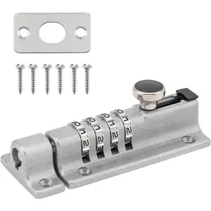 4.8" 4-Digit Combination Slide Bolt Latch, Sliding Security Lock for Gates Sheds Fences Yards Cabinets, Silver for Indoor Outdoor Use