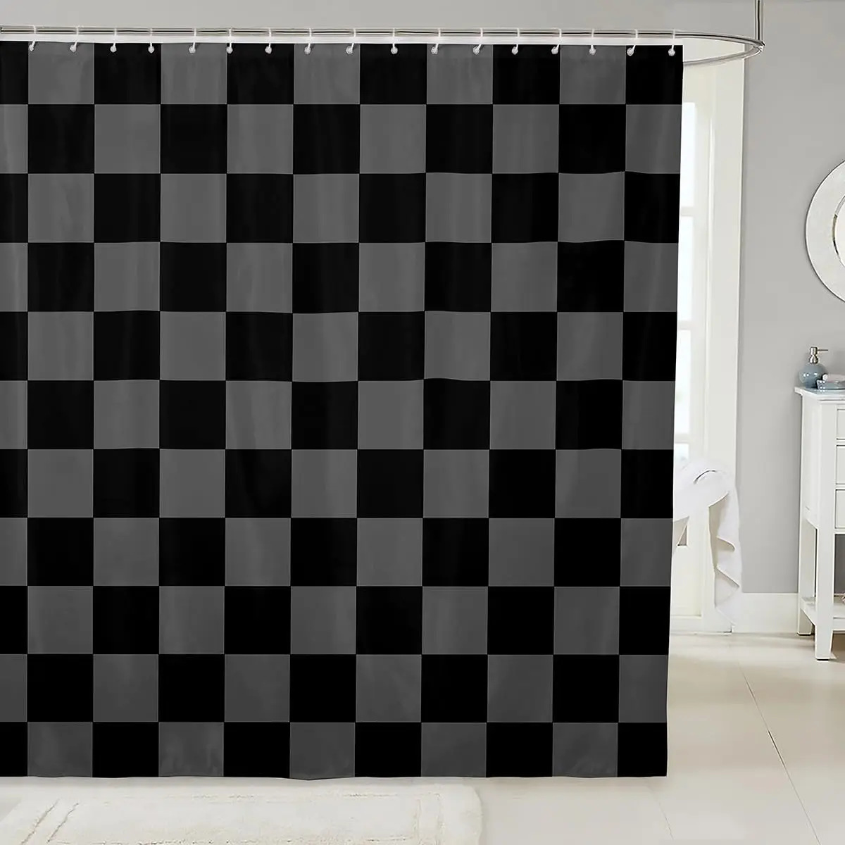 Checkered Retro Shower Curtain for Bathroom Decor Black Grey Plaid Bath Curtain Geometric Vintage Bathroom Accessories Modern Simple Groovy Aesthetic Waterproof Polyester Fabric