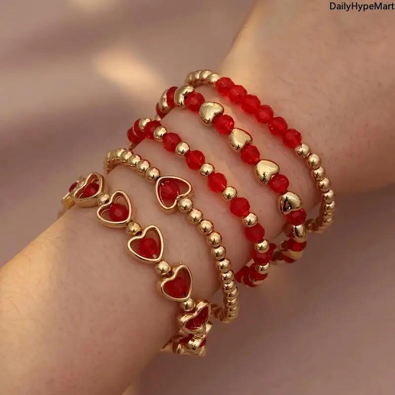 Bohemian Bracelet Set for Women, 5-Piece Stackable Bangles with Romantic Red Glass Beads & Heart Charms, Glamorous Party & Holiday Jewelry, Chic, Elegance, Valentine, Beaded Bracelet Pack, Boho Style Bracelet
