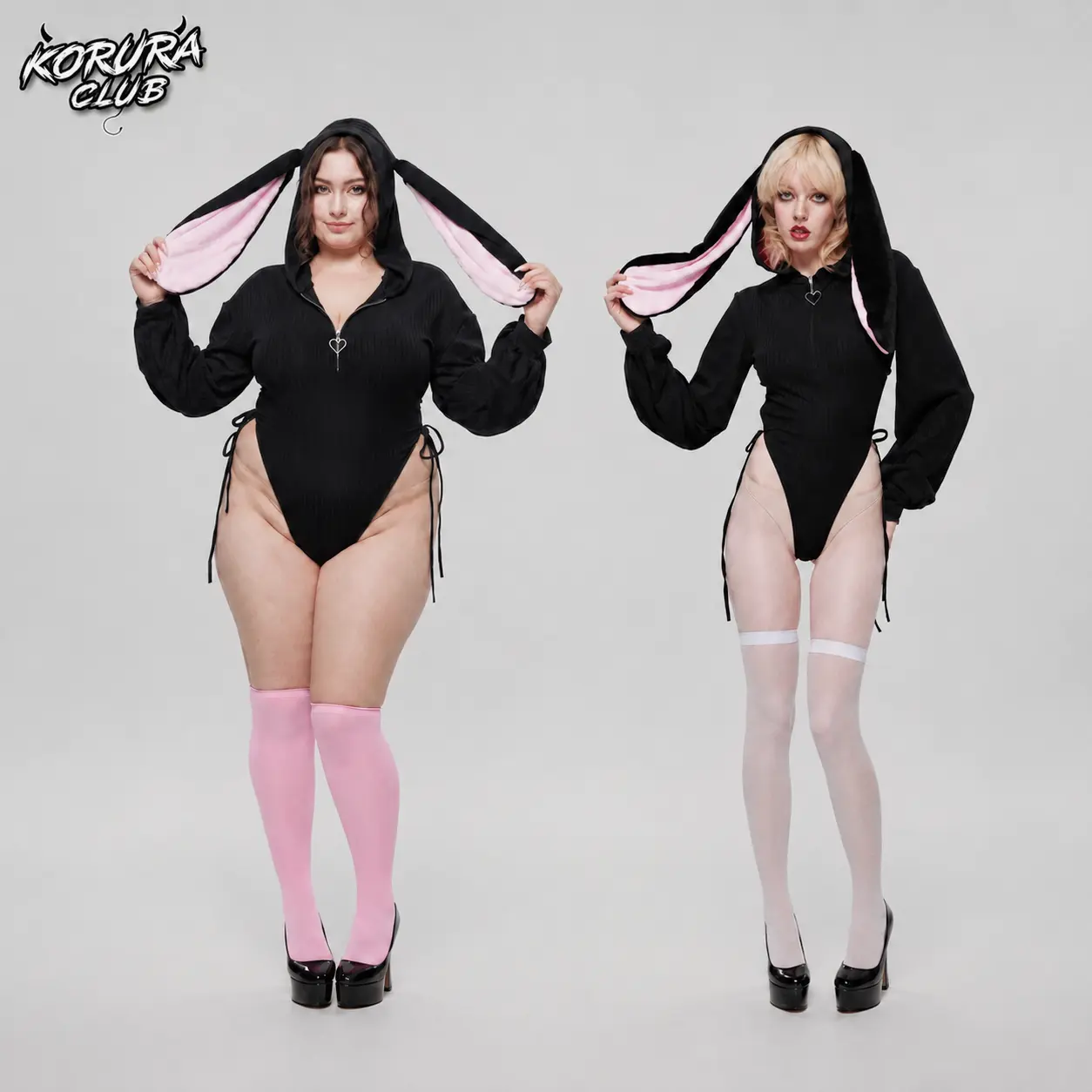 KORURACLUB Women's Soft Knit Bunny Ear Hooded Bodysuit - Long Sleeve Halloween Costume, Plus Size Fashion Clothing, Women's Apparel, Fashion Apparel, Women's Clothes