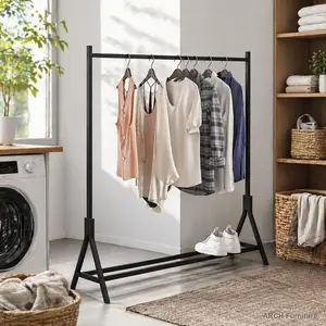 ARCH Industrial Vintage Metal Freestanding Pipe Clothes Rack - Multi-Functional Adjustable Single-Pole Laundry Accessory, Durable Sturdy Hangable Drying Rack for Bedroom, Black (Laundry Tools & Home Supplies Accessories)