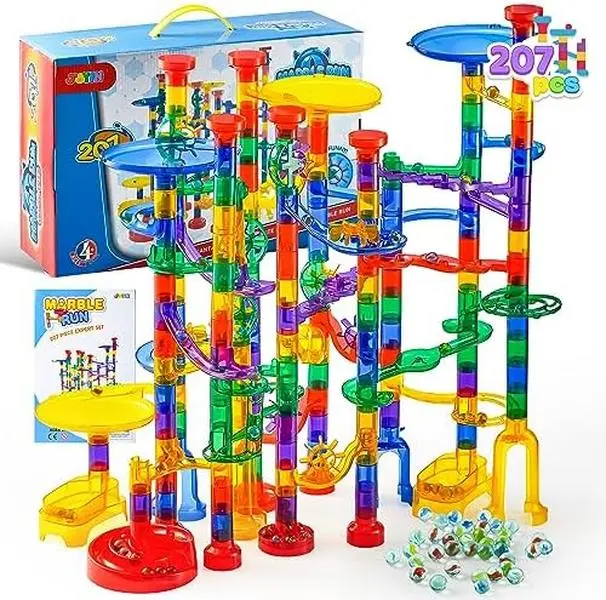 JOYIN 207Pcs Glowing Marble Run, Construction Building Blocks Toys with 5 Glow in The Dark Glass Marbles, STEM Toy for Boys and Girls, Educational Toy(147 Plastic Pieces + 60 Glass Marbles)