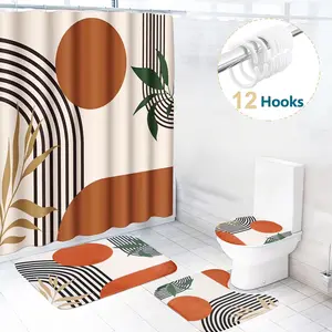 Abstract Boho Fabric Shower Curtain and Rug Sets, 4PCS Modern Bathroom Sets,Boho Mid Century Shower Curtain, Minimalist Abstract Arch Simple Sun Modern Machine Washable Waterproof For Bathroom Decor Bathtub With 12 Hooks